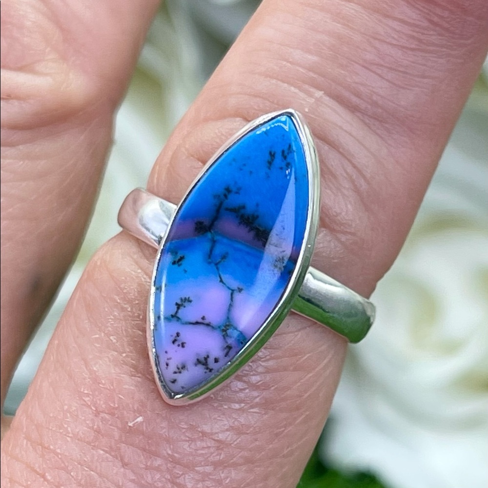 Marine Blue Dendritic Opal Ring 925 Silver